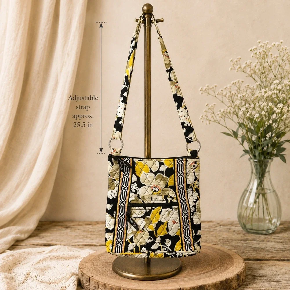Vera Bradley Hipster Crossbody Bag Dogwood Floral Yellow Black Quilted Cotton